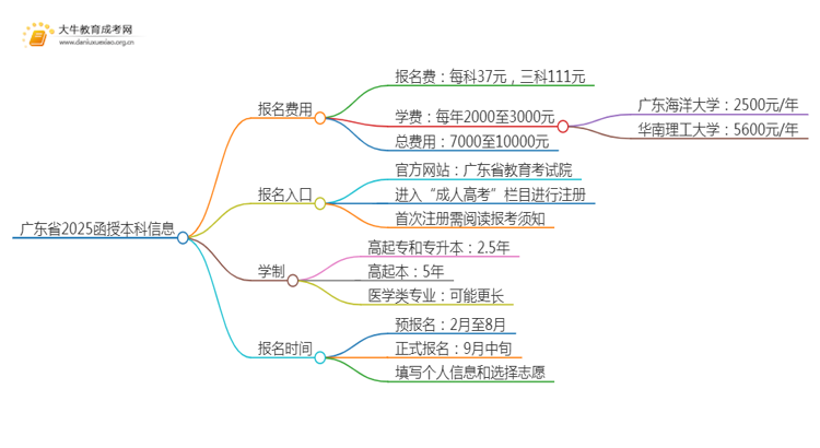 广东省2025函授本科多少钱？如何报名思维导图