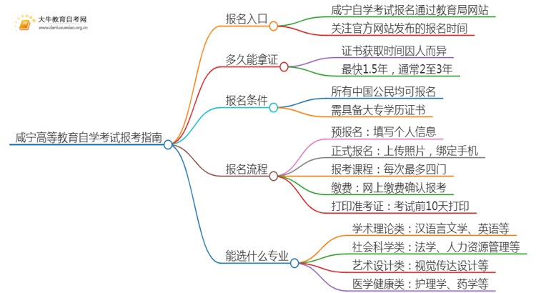 咸宁高等教育自学考试报考指南2025（一文详解）思维导图