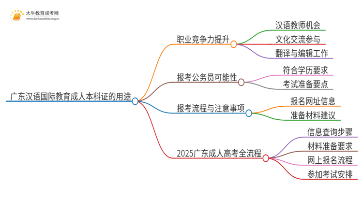 广东汉语国际教育成人本科证有什么用？思维导图