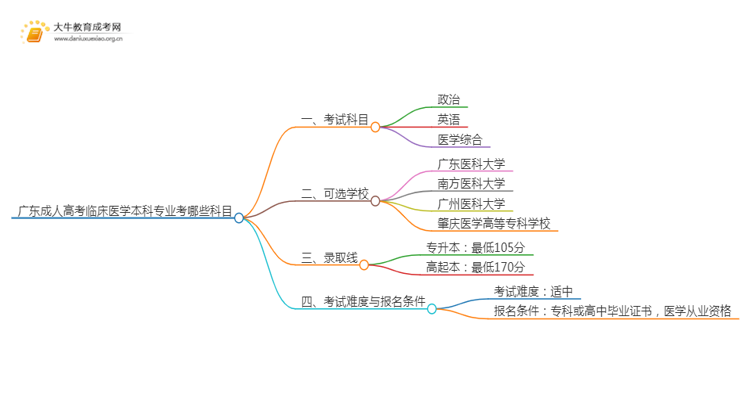 广东成人高考临床医学本科专业考哪些科目（+录取线）思维导图