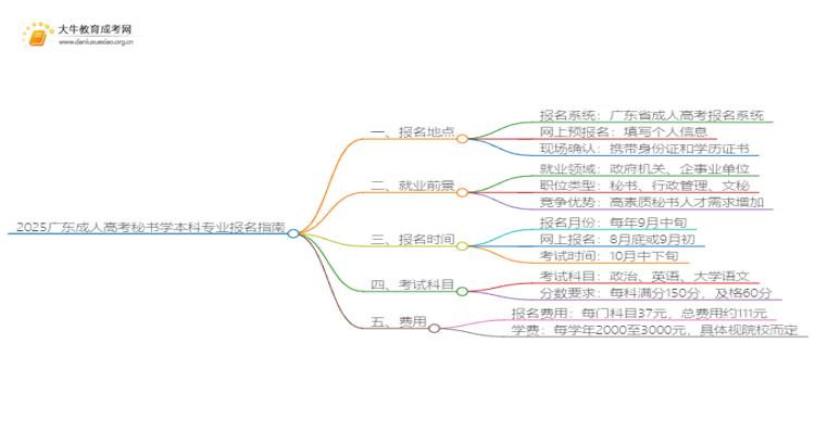 2025广东成人高考秘书学本科专业怎么报名？思维导图