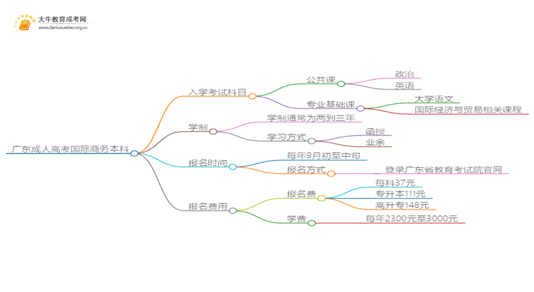 广东成人高考国际商务本科入学考试考几门？思维导图