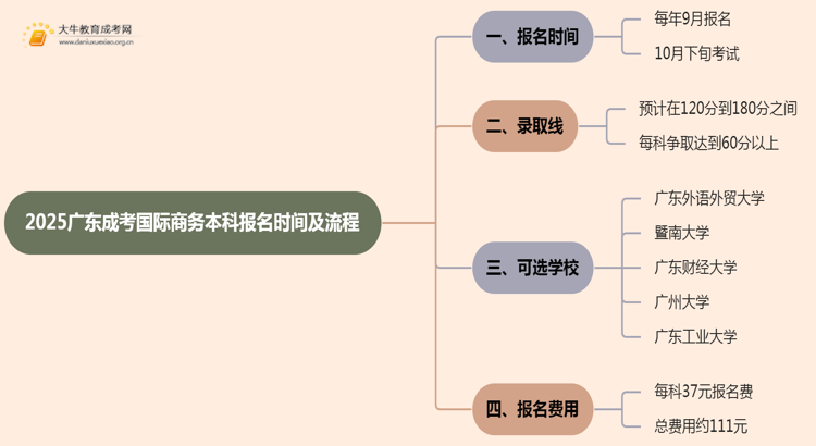 2025广东成考国际商务（本科）报名时间及流程思维导图