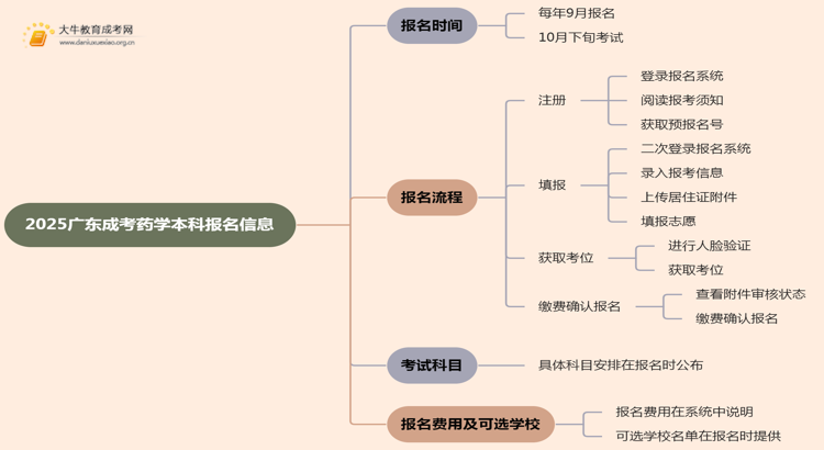 2025广东成考药学（本科）报名时间及流程思维导图