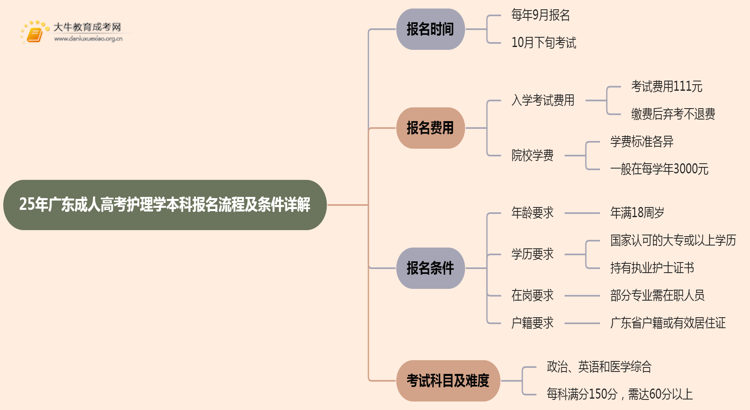 25年广东成人高考护理学（本科）报名流程及条件详解！思维导图