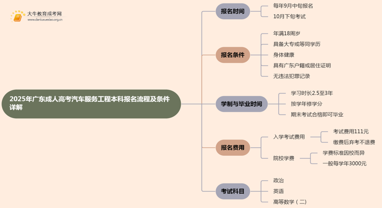 25年广东成人高考汽车服务工程（本科）报名流程及条件详解！思维导图