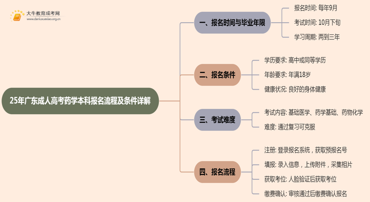 25年广东成人高考药学（本科）报名流程及条件详解！思维导图