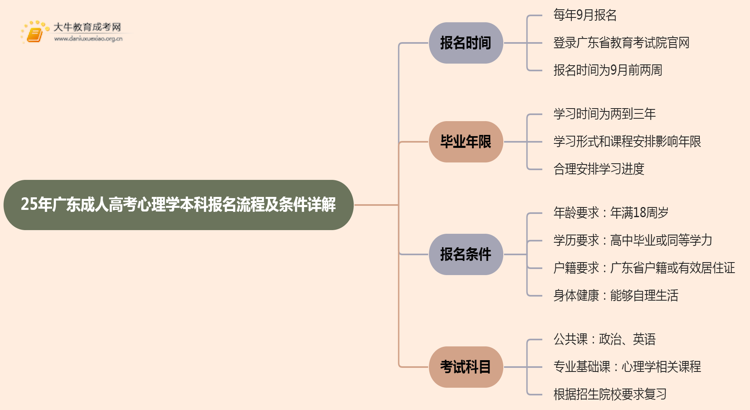 25年广东成人高考心理学（本科）报名流程及条件详解！思维导图