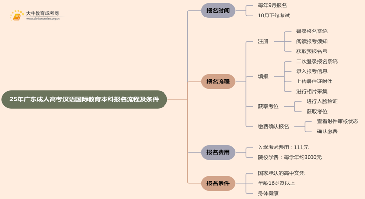 25年广东成人高考汉语国际教育（本科）报名流程及条件详解！思维导图