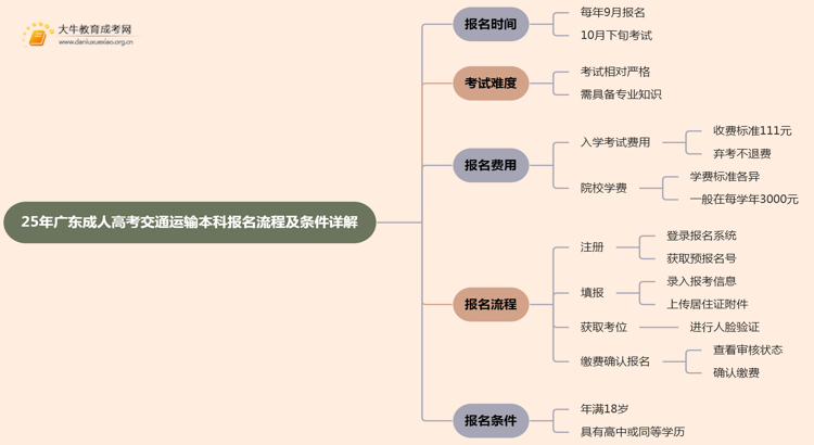 25年广东成人高考交通运输（本科）报名流程及条件详解！思维导图