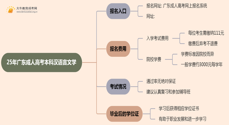 25年广东成人高考本科汉语言文学专业怎么报名 几月考试思维导图