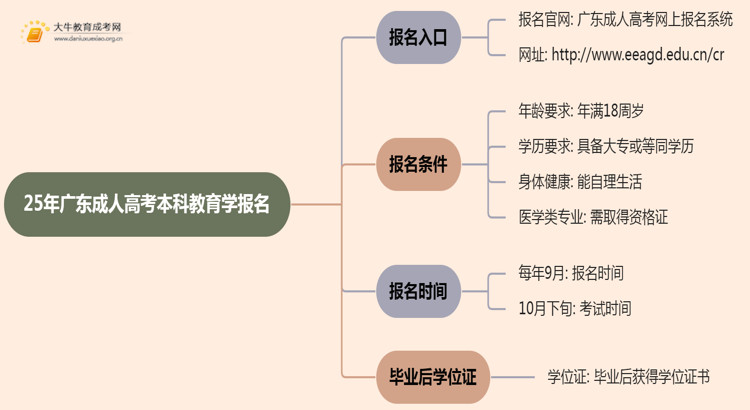 25年广东成人高考本科教育学专业怎么报名 几月考试思维导图