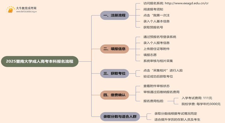 2025暨南大学成人高考本科怎么报名（+流程）思维导图