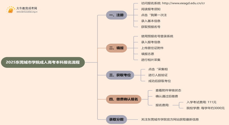 2025东莞城市学院成人高考本科怎么报名（+流程）思维导图