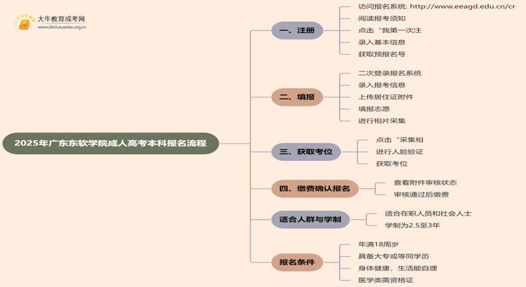 2025年广东东软学院成人高考本科怎么报名思维导图