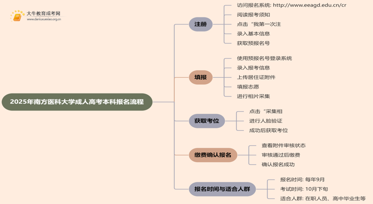 2025年南方医科大学成人高考本科怎么报名思维导图