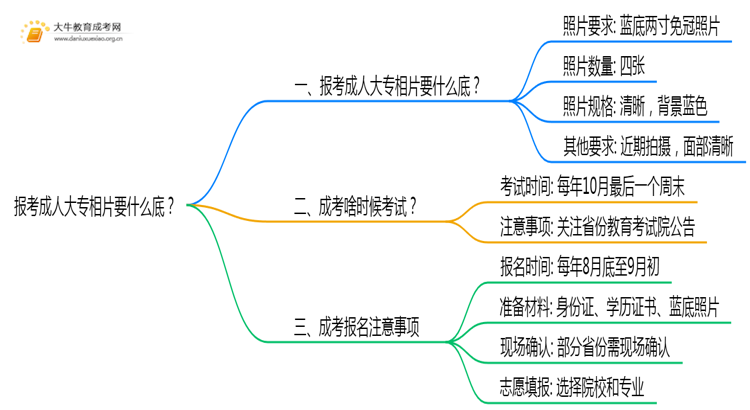 报考成人大专相片要什么底？思维导图