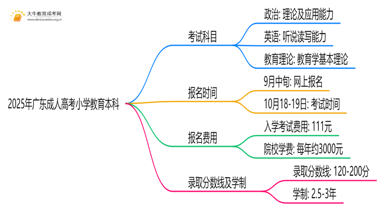 2025年广东成人高考小学教育本科考试科目 仅3门？思维导图